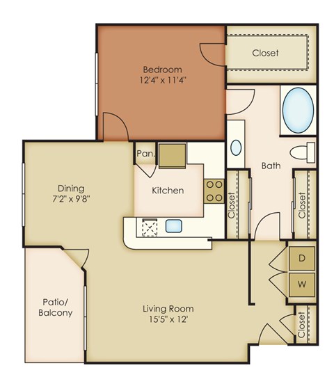 Floor plan for 1 bed, 1 bath, 817 sqft